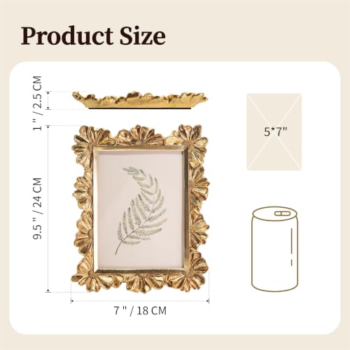Image of Antique Floral Picture Frame - Resin & Glass Victorian-Style Frame for Tabletop or Wall Decor (Gold, 5 inch x 7 inch)