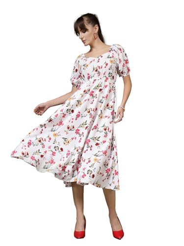 Image of OOMPH! Below Knee Shift Pink Dress in Crepe Fabric with Round Neck and Puff Sleeves - md619l