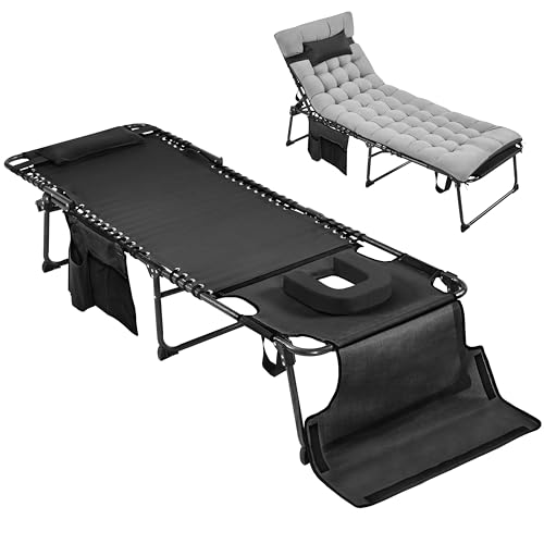 Abician Transat Jardin Exterieur Inclinable à 5 Positions avec Matelas Bains de Soleil Pliable Multifonctionnel avec Appuie-tête, Poche pour Lecture Bronzer...