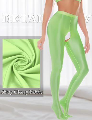Image of FEOYA Women's Open Crotch Oil Shiny Pantyhose High Waist Control Top Silky Oily Crotchless Footed Tights Stockings