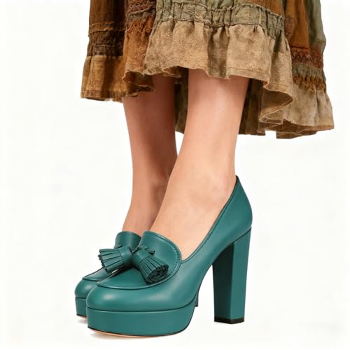 Image of SHODENSE Women Vintage Chunky Platform Loafers Pumps Tassel Round Closed Toe Slip On Suede Block High Heel Dress Loafer Shoes Buckle Strap Oxford Loafers Fringe Pump Dressy Chic Sexy Y2k 4-11 M US