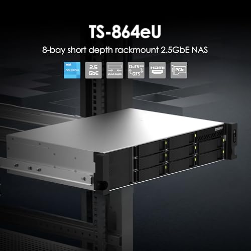 Image of QNAP TS-864eU-8G-US 8 Bay High-Speed Short Depth Rackmount Rackmount NAS with Dual-2.5GbE, Intel Celeron CPU, 8GB DDR4 Memory and 2.5GbE (2.5G /1G /100M) Network Connectivity (Diskless)