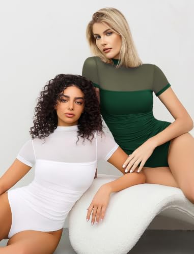 Image of Avidlove Women's Short Sleeve Bodysuit Turtle Neck Body Suits Mesh One Piece Leotard Going Out Tops Date Outfits