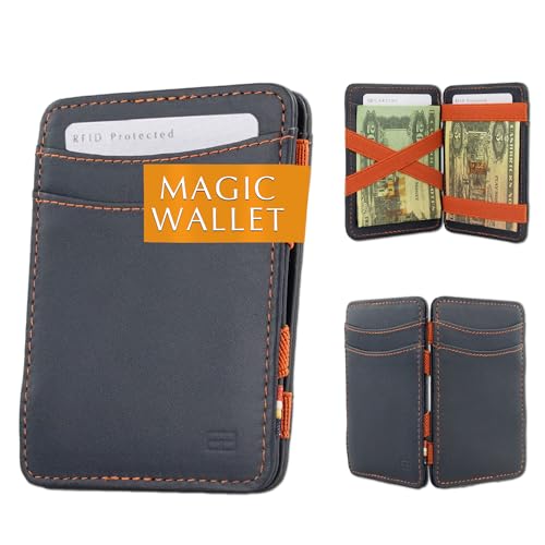 GARZINI Magic Wallet, Minimalist Wallet for Men with RFID card holder, Gift Box, Leather Wallet for 8 cards, Blue Orange