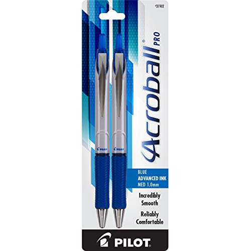 PILOT Acroball Pro Advanced Ink Refillable & Retractable Ball Point Pens, Medium Point, Blue Ink, 2-Pack (31902)