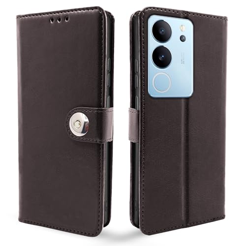 Image of Pikkme Vivo V29 / V29 Pro 5G Flip Cover Leather Finish | Inside TPU with Card Pockets | Wallet Stand and Shock Proof | Complete Protection Button Flip Case (Coffee)