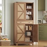 Maupvit Tall Kitchen Pantry with Drawers & Adjustable Shelves, Farmhouse Storage Cabinet with 4 Barn Doors, Organizer, Rustic Wood Cupboard for Kitchen, Dining Room, Bathroom, Entryway