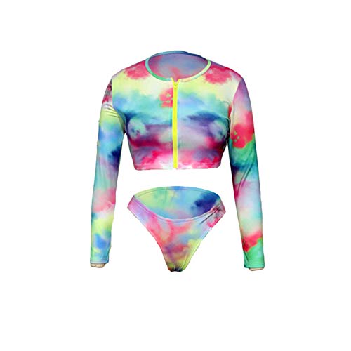 SIAEAMRG Rash Guard Long Sleeve Swimsuit for Women, 2 Pieces Sexy High Waisted Triangle Bikini Bathing Suits, 7D Print Tankini Swimwear (A-Multicolor, XL (US 14-16))