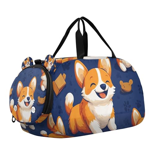 Glaphy Corgi Dog and Paws Blue Duffle Bag for Toddler Boys Girls, Gym Sports Bag with Shoe Compartments, Kids Travel Overnight Weekender Shoulder Bag