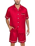 SWOMOG Men Silk Satin Pajamas Set Button Down Sleepwear Short Sleeve Pjs Set Soft 2 Piece Lounge Set Nightwear with Pockets Red Medium