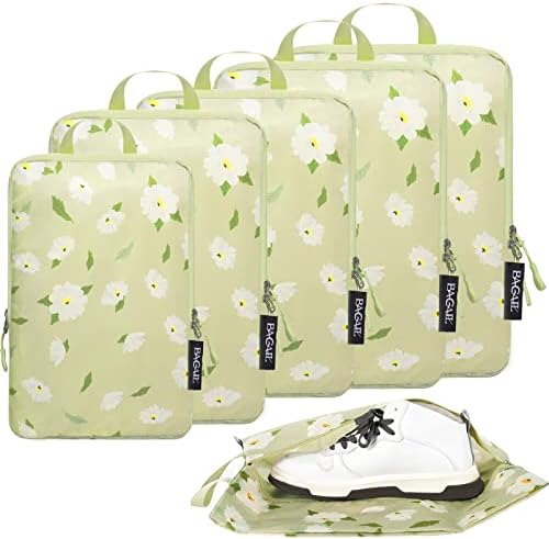 BAGAIL 6 Set Ultralight Compression Packing Cubes Packing Organizer with Shoe Bag for Travel Accessories Luggage Suitcase Backpack(70D,Green Flower)