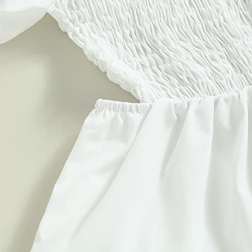Emmababy Toddler Baby Girl Puff Sleeve Short Dress Solid Color Off Shoulder Smocked Ruffle Dress Square Neck Pleated Sundress (04#White, 2-3 Years) #TOP4