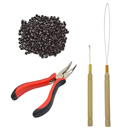 Microring Haarverlängerung Set mit 1 Stück I-Tip Hair Zangen 1 Stück Microring Nadel Einfädler 1 Ziehen Haken und 500 Stück Microringe für Haarverlängerung Zubehör (Dunkelbraun)