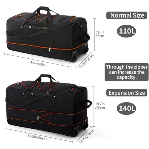 Vomgomfom Expandable from 110L to 140L 31.5" Rolling Duffle Bag with 2 Wheels,Foldable Travel Duffel Bag with Large Convertible Compartment Pocket2
