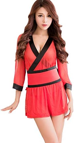 Lingeriecats Sexy Tangerine Mesh Semi-Transparent 3pcs Japanese Kimono Costume