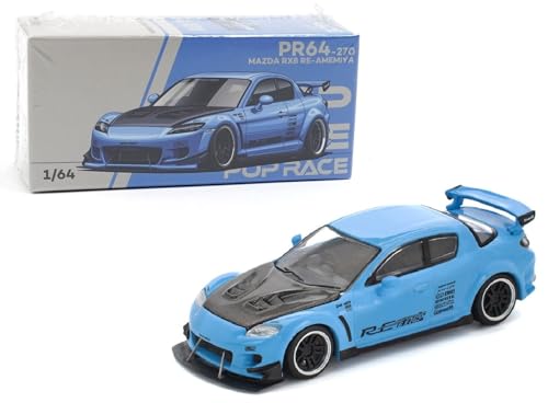 Diecast Model Car Compatible with Pop Race 1:64 Mazda RX8 RE Amemiya Widebody Light Blue with Carbon Hood Limited Edition PR640270