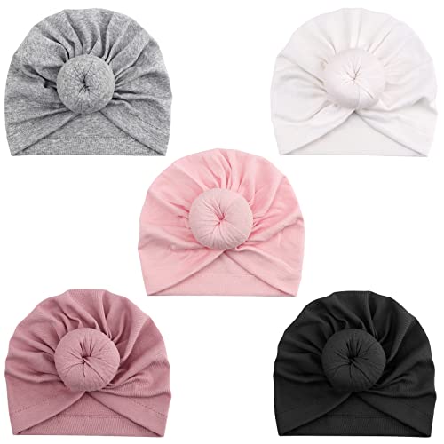 Image of DRESHOW BQUBO 5 Pieces Baby Turban Hats Turban Bun Knot Baby Infant Beanie Baby Girl Soft Cute Toddler Cap