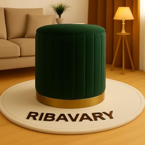 Image of Round Velvet Luxurious Storage Ottoman, Pouf with Storage Vanity Stool Chair,Upholstered Foot Rest Stool with Gold Strip Base for Living Room or Bedroom (Green, Medium- 36Dx36Wx40H)