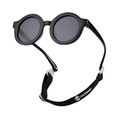 COCOSAND Baby Sunglasses with Strap Polarized UV Protection Flexible Frame with Soft Silicone Nose Pads for Toddler Infant Kids Girl Boy 0-24 Months Black with Grey Lens