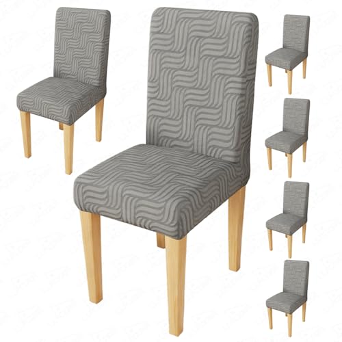 Image of Lukzer Elastic Dining Chair Cover - 6PC Pastel Dark Grey Ripple Lines | Textured High Stretch Jacquard Seat Cover | Removable Washable Short Dining Chair Cover Protector Seat Slipcover | (CC-164-06)
