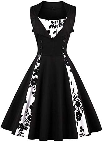 AXOE Women's 1940s 50s A-Line Vintage Fancy Dress Polka Dot Cocktail Dress Wedding Guest Party Stretch Cotton Knee-Length Black Polka Dots Floral UK Size 18, XXL