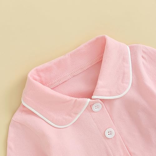 Ayalinggo Toddler Kids Baby Girl Solid Pjs Ruffle Long Sleeve Button Shirt Top and Pants Cotton 2Piece Pajamas Set (Ruffle Pink, 3-4 Years) - Thumbnail 4