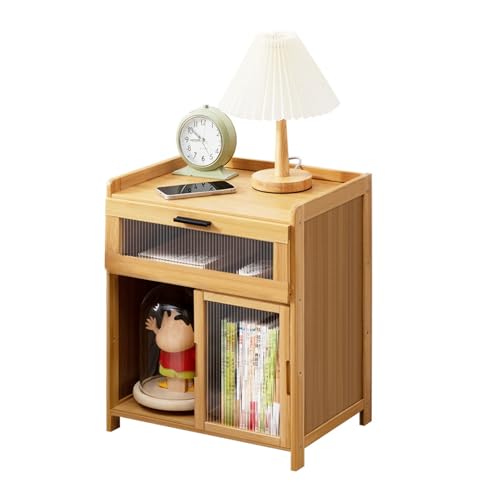 wintfarm Mesinha de cabeceira de bambu, mesa de cabeceira com prateleira aberta, gaveta e porta, estilo rústico, mesa de cabeceira boémia, mesa auxiliar para quarto, sala de estar (cor de madeira)