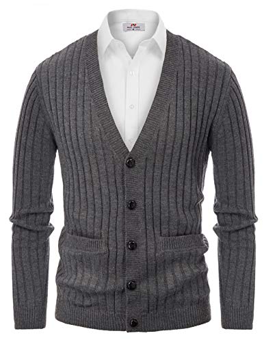 PJ PAUL JONES Men V Neck Cardigan Sweater Buttoned Long Sleeve Knitted Sweater Grey, M