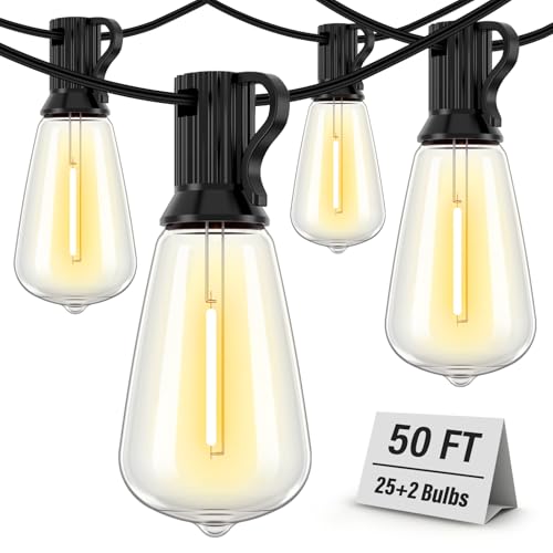 Outdoor String Lights Waterproof, 50FT Patio Lights with 26 ST38 Edison Bulbs (1 Sqare), Outside Hanging Decorative Lights for Porch, Blacony, Blackyard, Bistro, Garden, 2700K