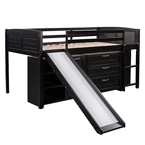 Glorhome Low Twin Size Loft Bed With Cabinets, Shelves And Slide For Kids Teens #TOP5