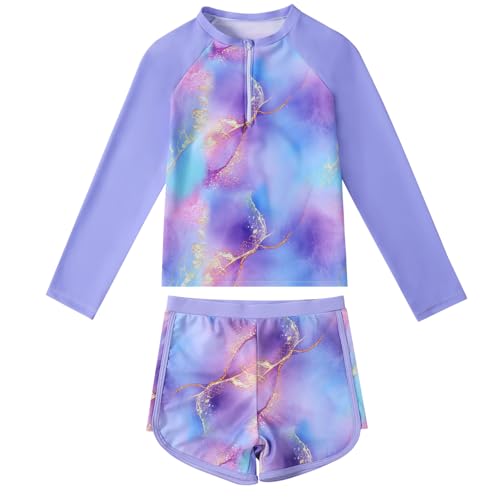 Image of Valcatch Girls Rash Guard Set 2 Piece Long Sleeve UPF 50+ Quick Dry Swimsuit with Ruffle Shorts