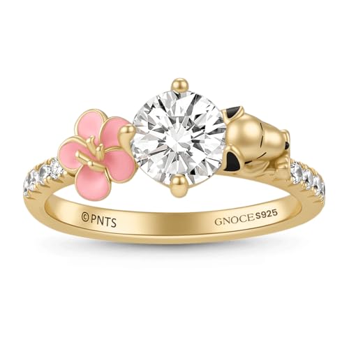GNOCE Peanuts Snoopy Statement Engagement Ring for Her 925 Sterling Silver Moissanite Half Eternity Ring for Women Promise Jewelry Gift for Wedding Anniversary Valentines-W/Gift Box (Gold 8.5)