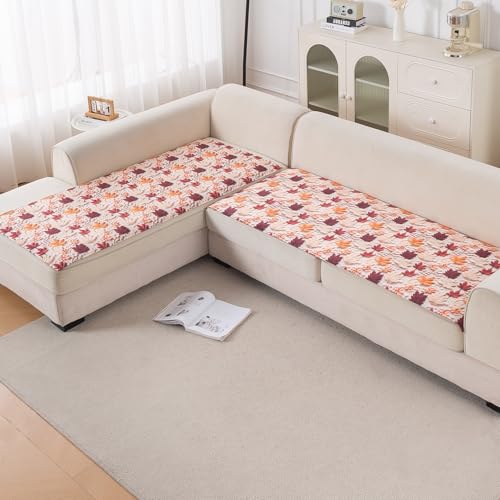 Image of HOKIPO 'Nature Muse' Premium HD Printed Holland Velvet L Shape (2+2 Seater) Sofa Cover Seat Mat, Autumn Maple (IN-915-D1 + IN-916-D1)