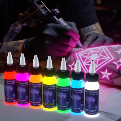 Tattoo Ink Set 7-Color Fluorescent Ink 30ml with High Color Saturation and Easy Coloring Providing Unlimited Possibilities for Tattoo Creation (Includes a UV Torch) - Thumbnail 6