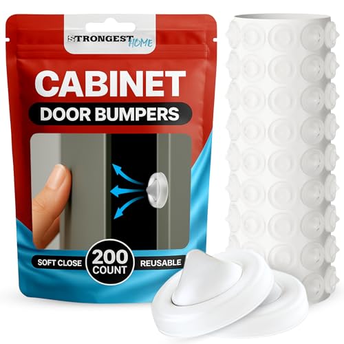 Image of STRONGEST HOME Cabinet Door Bumper 200 Pack White Rubber - Self Adhesive Stoppers for Quiet Close Protection - Drawer Pads for Furniture and Surface Cushioning - 0.5 x 0.2 Inch
