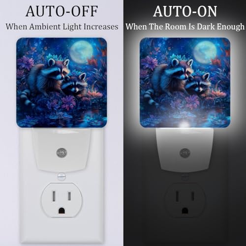 Image of NEWzone Raccoon Moon Night Light Set of 2, Auto Sensor LED Dusk-to-Dawn Nightlights, Plug-in Sensor Lamp for Bedroom Bathroom Kitchen Hallway Stairs Decorative