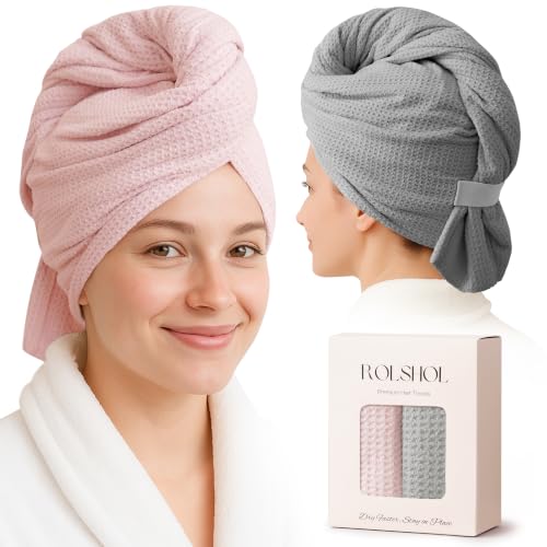 Image of ROLSHOL 2 Pack Waffle Microfiber Hair Towel Wraps for Women, 32 x 11 in
