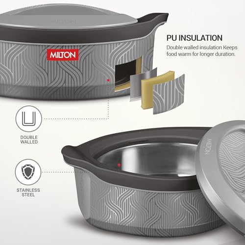 Image of MILTON Evoke 1000 PU Insulated Inner Stainless Steel Casserole, 850 ml, Grey, BPA Free, Food Grade, Hot and Cold, Easy to Carry, Easy to Store, Chapati, Roti, Curd Maker