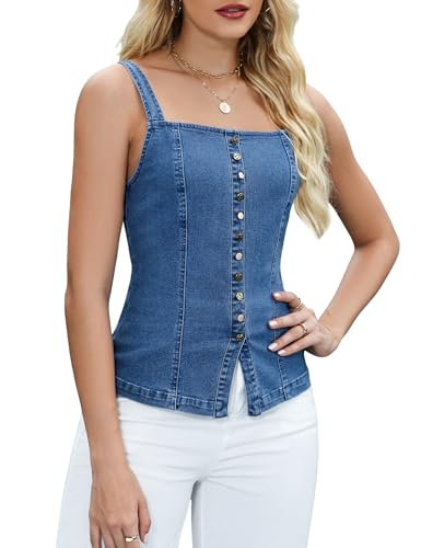 Denim Vest Tops for Women Jean Backless Square Neck Faux Button Placket Adjustable Back Tie Open Back Tank Top4