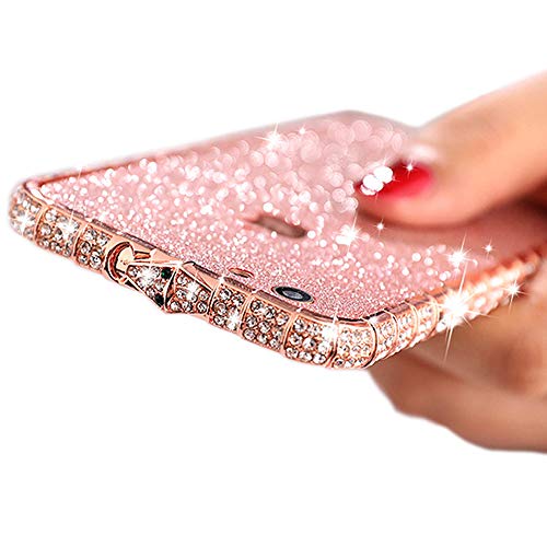 iPhone 7 Plus Sparkly Skin Decal, Bling Glitter Precise Skin Sticker with iPhone 8 Plus Metal Frame Rhinestones Bumper Case Full Body Coverage Wrap for Girls Women (Rose Gold, iPhone 7 Plus / 8 Plus)