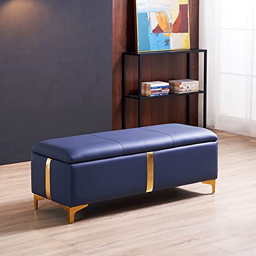 Lift-Top - Banco rectangular de piel sintética para almacenamiento de juguetes, reposapiés para dormitorio y sala de estar, color azul oscuro, 80 x 45 x 42 cm