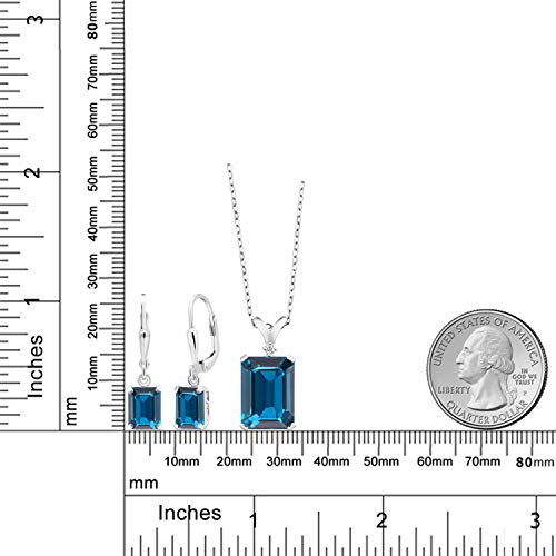 Gem Stone King 925 Sterling Silver London Blue Topaz Pendant Earrings Set For Women (13.49 Cttw, Gemstone Birthstone, Emerald Cut With 18 Inch Chain) #TOP1