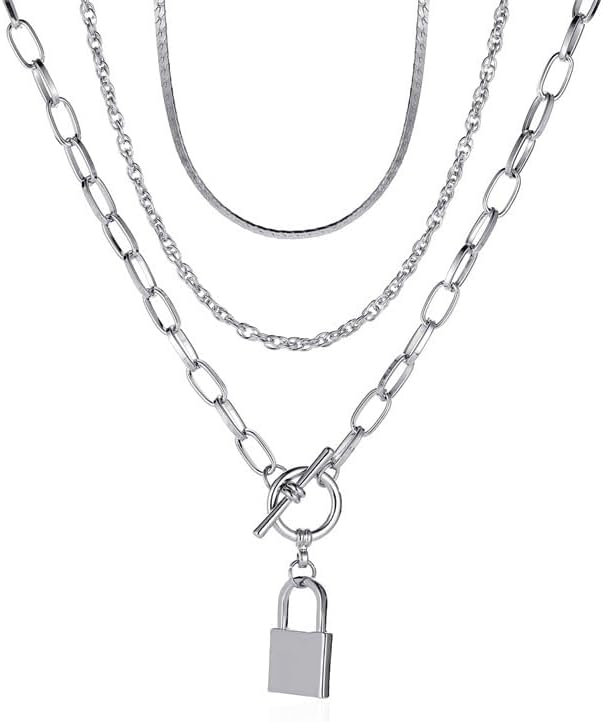 ONLYJUMP Stacked Lock Necklaces for Women Black Lock Chains Heart Grunge Layered Necklace Chunky Stylish Minimalist Pendant Jewelry