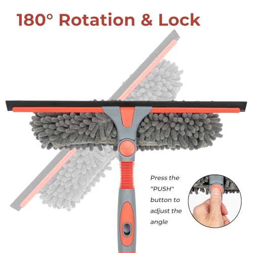 Image of Window Squeegee Cleaning Tool with 63 inch Long Handle, 14 inch Streak-Free Blade, Machine Washable Microfiber & Chenille Pads, Rotatable Head for Glass, Mirrors, Shower, Car, High Windows