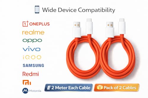 Image of 120W Ultra Fast Charging Cable, USB Type-A to Type-C, 10A High Speed, Pack of 2, 1m Red TPE Unbreakable, VOOC SuperVOOC Warp Dart Flash Compatible (2, 100, Centimeters)