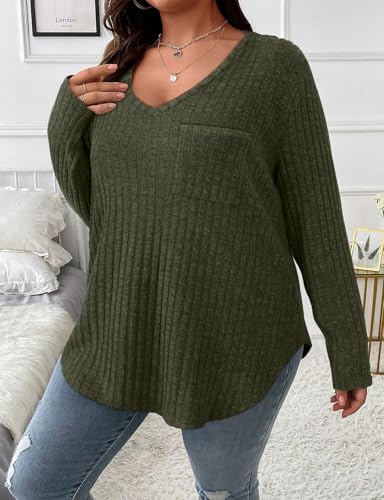 Image of Koscacy Women Plus Size Casual Knit Sweater with Pocket V Neck Solid Color Tops Lightweight Long Sleeve Blouses