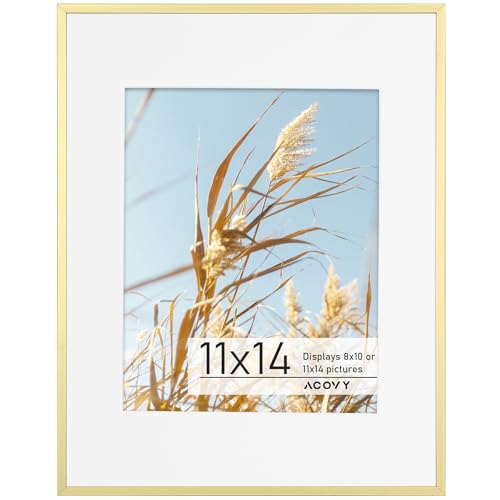 Acovy 11x14 Aluminum Picture Frame Matted to 8x10, 11 x 14 Photo Frame with High Definition Plexiglass, Metal 14x11 Frame for Wall Display, Wall Hook Included (Gold, Pack of 1)
