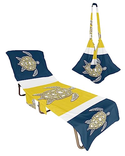 Geometric Turtle, Beach Lounge Chair Towel Cover, Soft Chaise Lounge Towel with Side Pockets Patio Pool Chairs Cover for Beach/Pool Sunbathing 29x85 Summer Ocean Sea Geometric Navy Gold
