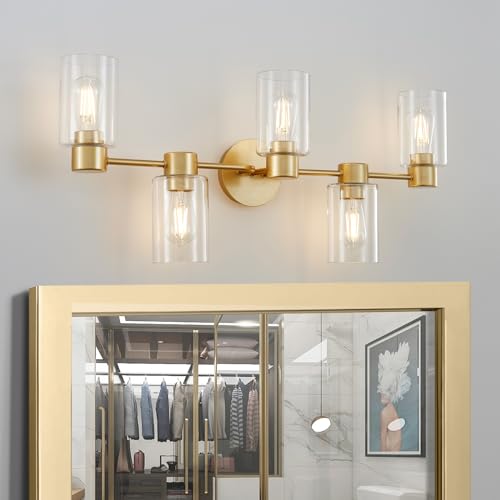 Image of WUZUPS 5-Light Bathroom Wall Light Fixture Over Mirror Clear Glass Shade Morden Vanity Scones Light for Bedroom Living Room, E26 Base, Gold