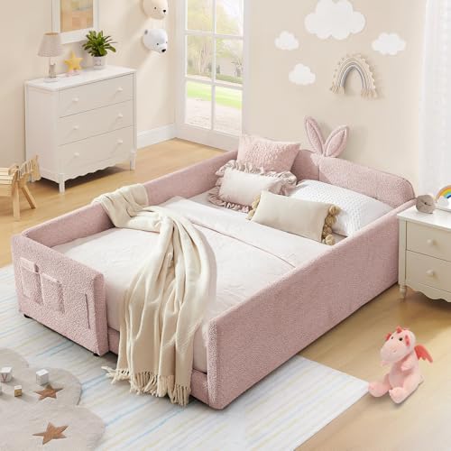 Image of Full Size Kids Bed with Rabbit Ear Headboard, Upholstered Boucle Fabric Full Daybed with Slats Support & Side Pockets, Space-Saving Wooden Corner Sofa Couch Bed Frame for Girls, Boys, Teenager(Pink)